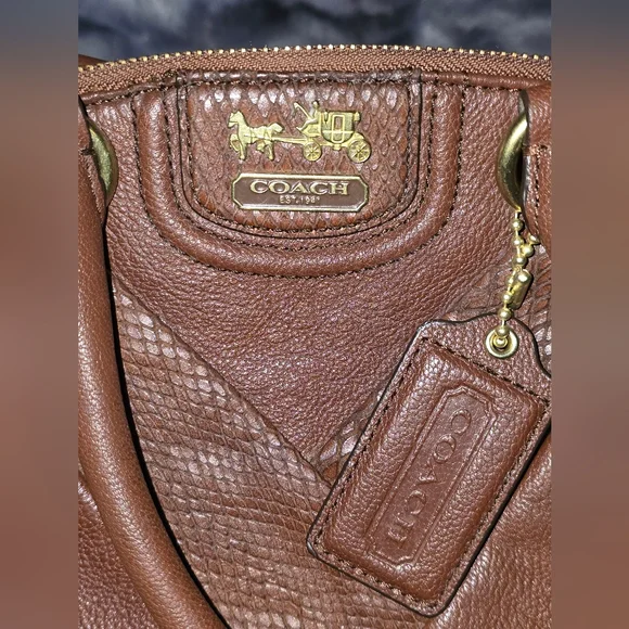 MADISON DIAGONAL PLEATED‎ MIXED EXOTIC LINDSEY SATCHEL (COACH F21318)BRASS/TOBAC